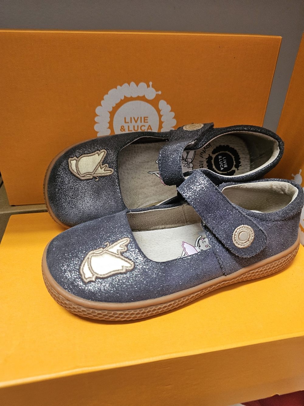 Livie & Luca Girls' Navy Sparkle Mary Jane Shoes Butterfly Metallic